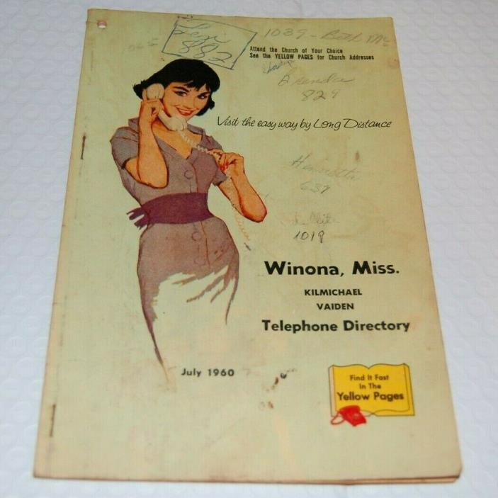 Antique 1960 Southern Bell Telephone Book - Winona Kilmichael Vaiden Mississippi