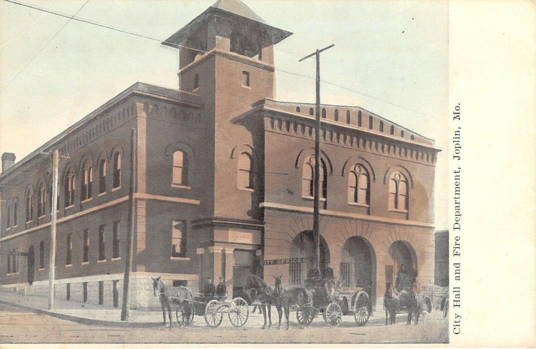 Joplin Missouri~City Hall Offices & Fire Department~Firemen~Horse Wagons~1908 PC
