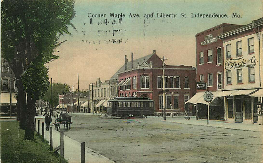 Hand-Colored Postcard Street Scene & Trolley Car, Independence, Missouri 1909