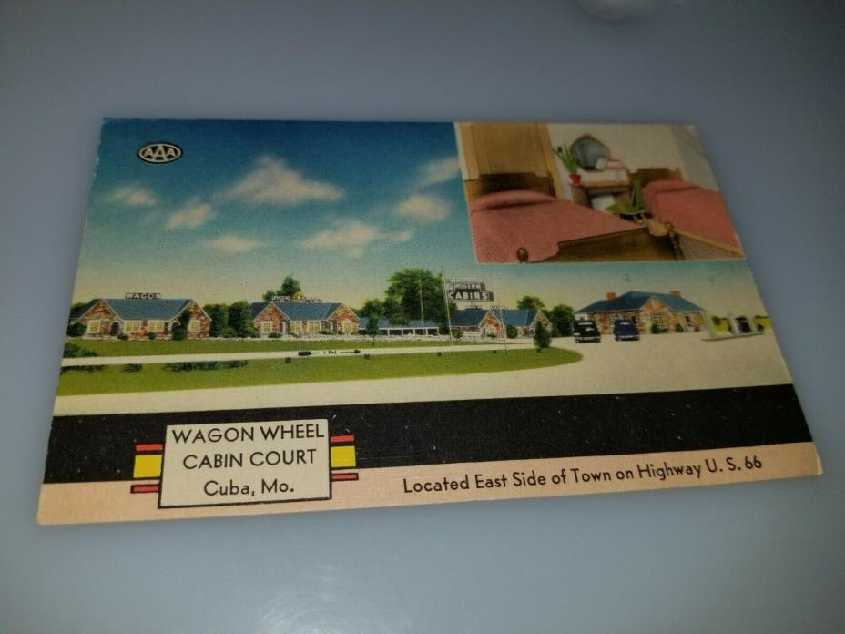 VINTAGE ROUTE 66 POSTCARD WAGON WHEEL CABIN COURT CUBA MISSOURI HWY 66