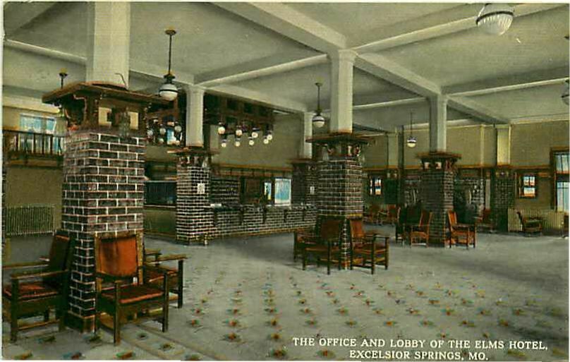 Postcard Arts & Crafts Interior Elms Hotel Lobby Excelsior Springs Missouri