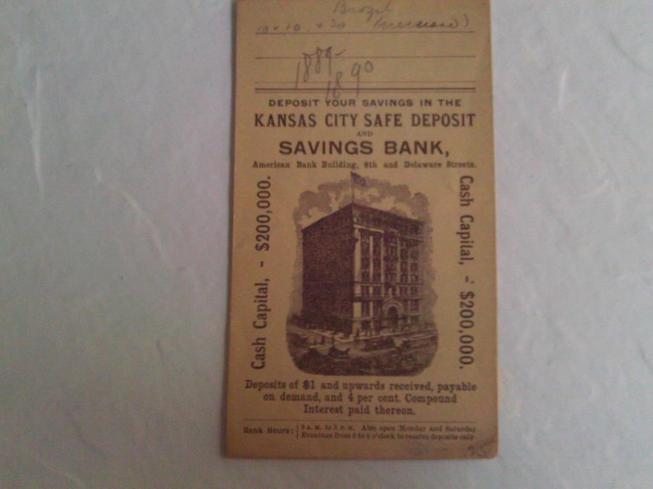 RARE 1890 POSTCARD SIZE ENVELOPE KANSAS CITY SAFE DEPOSIT SAVINGS BANK MISSOURI