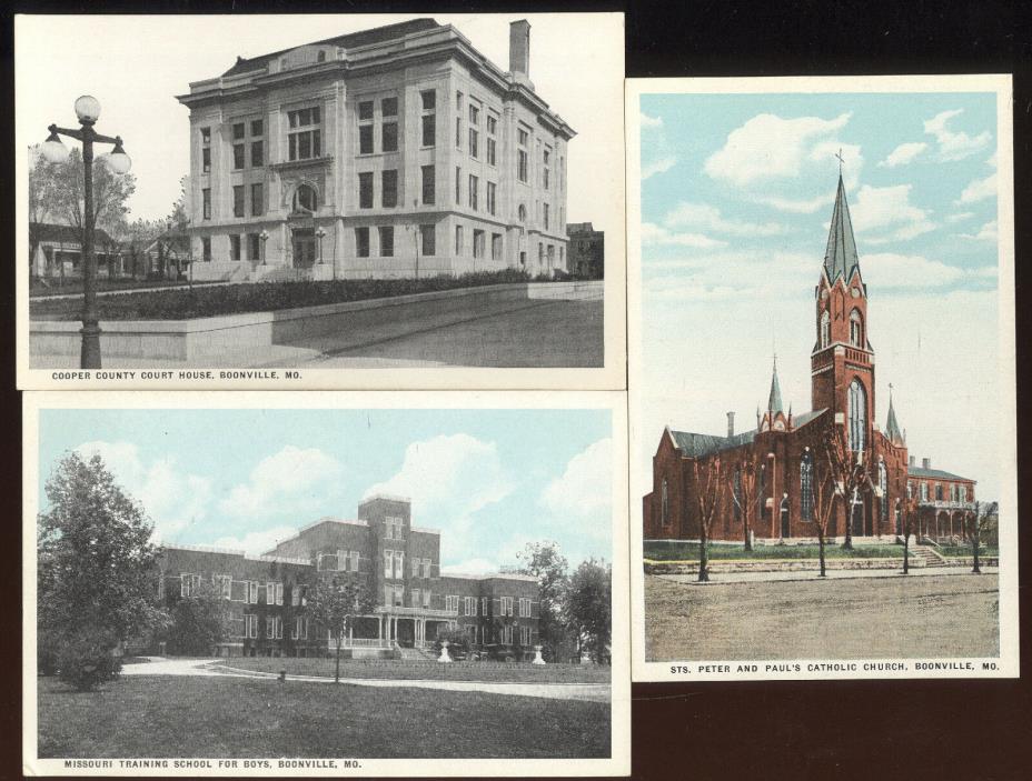 LOT OF 3-1930S PICTURE POST CARDS, BOONVILLE, MO. COURT HOUSE, TRAINING SCHOOL +