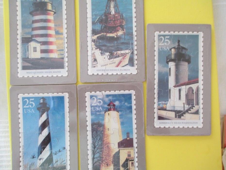 VINTAGE PUZZLE POSTCARDS OF LIGHTHOUSES,WITH STAMPS DEPICTING THE LIGHTHOUSES