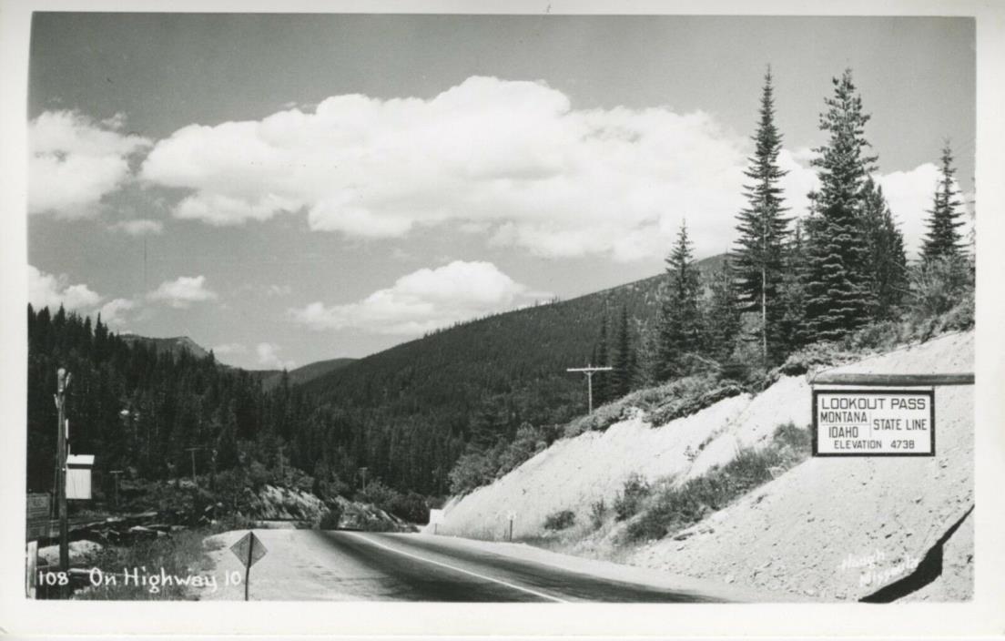 Lookout Pass Montana Idaho State Line ID MT Hwy 10 Hough Real Photo Postcard D19