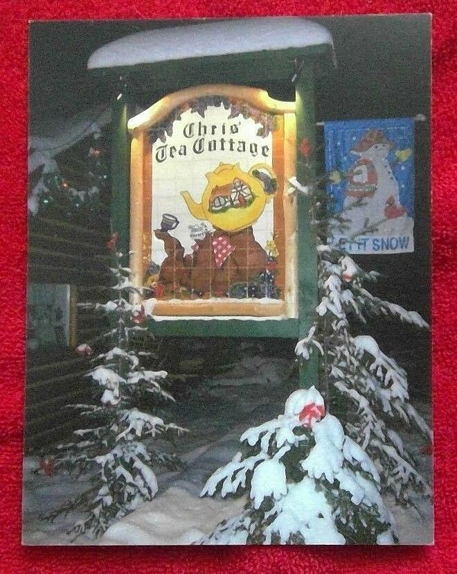 5 postcards Chris' Tea Cottage sign Bigfork, MT Winter Christmas night time snow