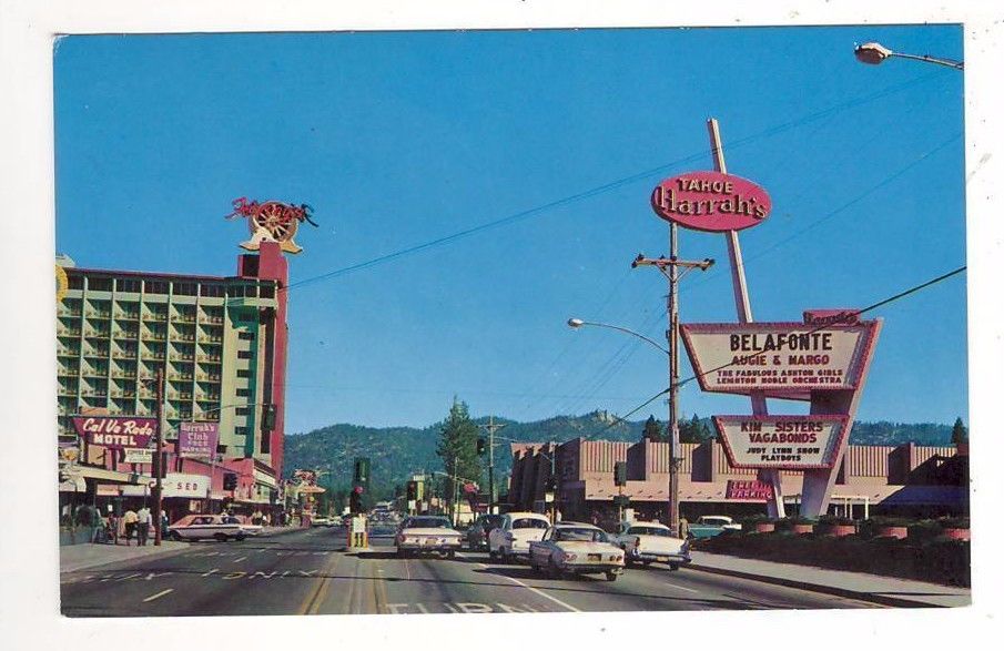 c1970 Postcard:US50 in Stateline, Nevada  Harry Belafonte Sign at Tahoe Harrah's