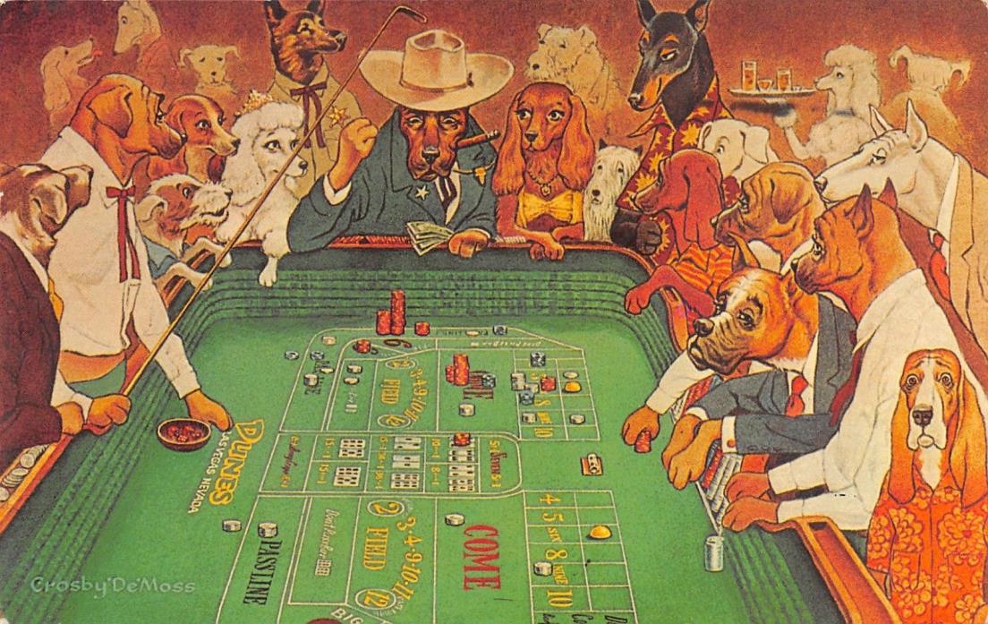 Las Vegas Nevada~Dunes Hotel Advertising~Hot Dice Game~Fantasy Dressed Dogs~1963