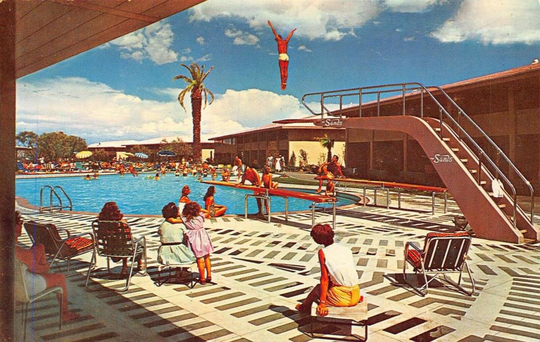 The Sands Hotel  Guest At Paradise Pool Scene Las Vegas,NV Vtg 1950's Postcard