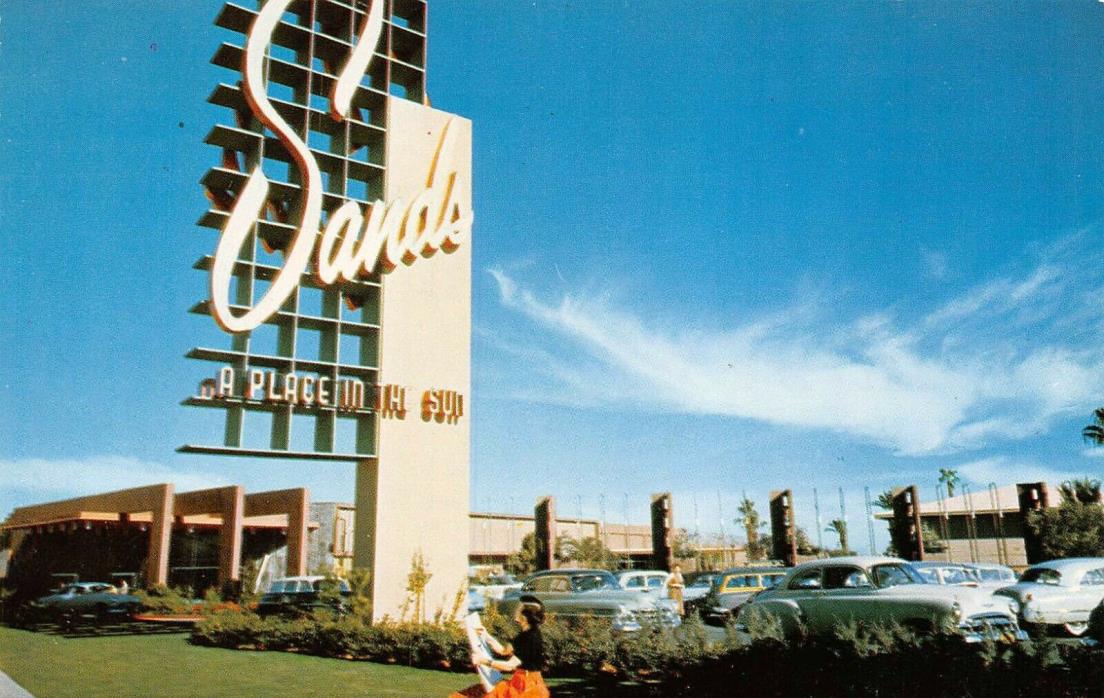 The Sands Hotel Vtg Cars Parking Lot Scene Las Vegas,NV Vtg 1950's Postcard