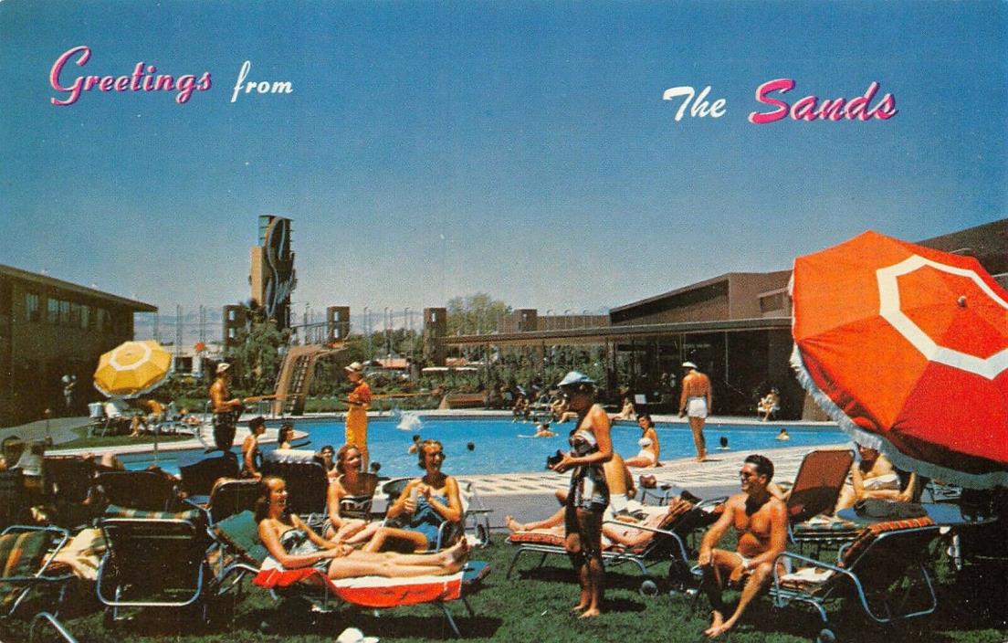 Greeting From The Sands Hotel Guest Pool Scene Las Vegas,NV Vtg 1950's Postcard