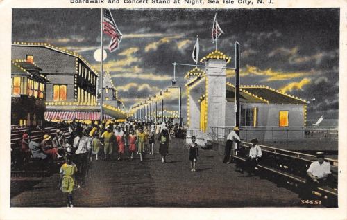Sea Isle City New Jersey~Night Lights~Boardwalk & Concert Stand~Full Moon~1933
