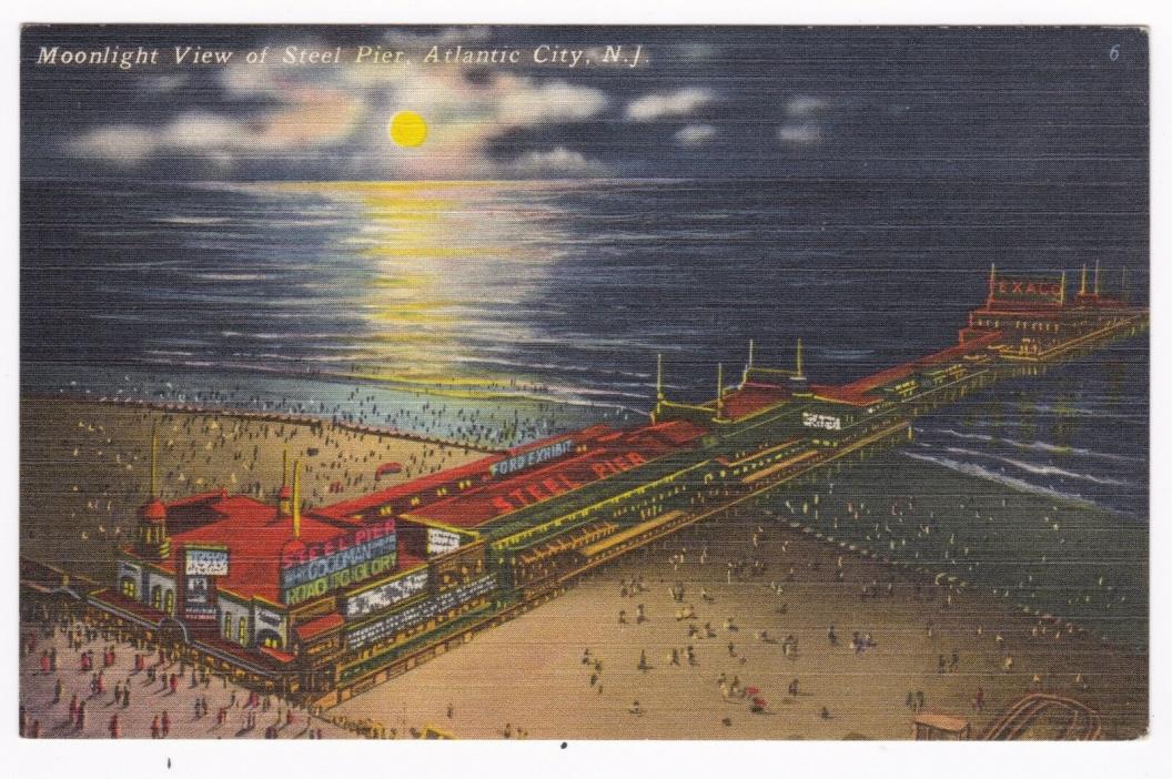 Antique Postcard Atlantic City Pier Moonlight Beachgoers Beach New Jersey