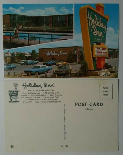 Vintage NEW MEXICO Postcard Holiday Inn Hotel Gallup NM 2 Views Old Cars Pool