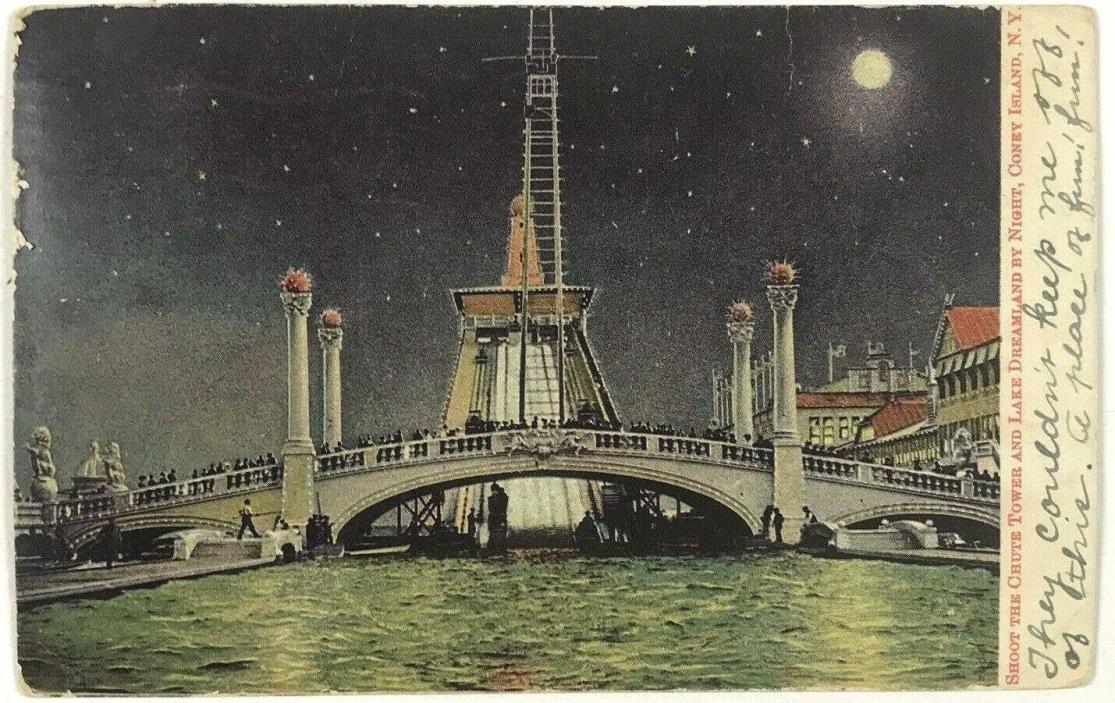 1900s Postcard Coney Island New York Shoot The Chute Tower Dreamland Lake Night