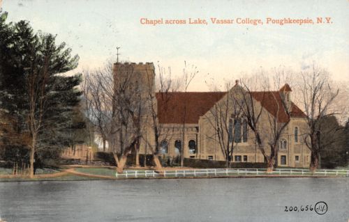 Poughkeepsie NY White Picket Fence Before Vassar College Chapel Across Lake 1910