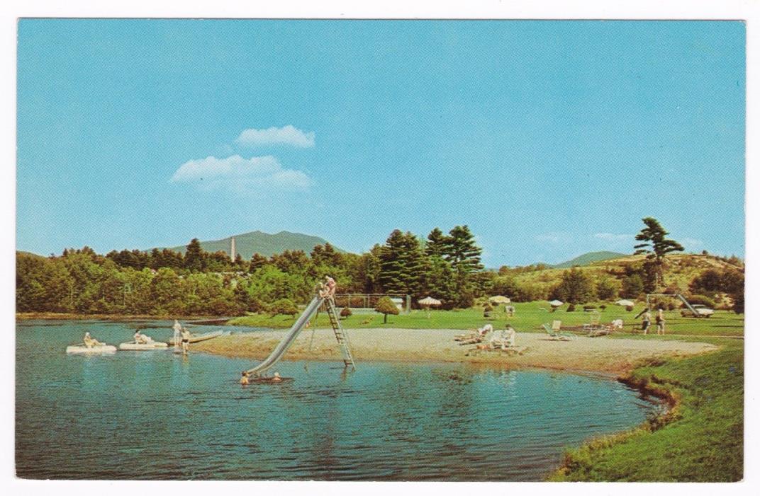 Postcard Keogh's Motel Sarnac Lake NY Swimmers Slide Paddle Boats A3