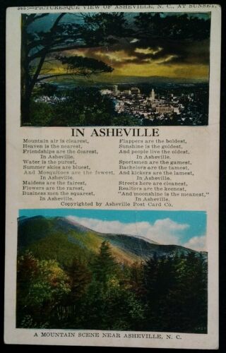 Ashville NC Postcard Early 1900s Skyline at Sunset Poem Mountain Scene