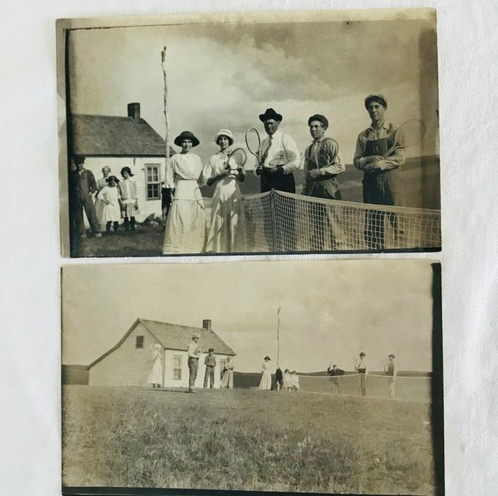 Lot of 2 Antique RPPC Real Photo Postcards - North Dakota Family Playing Tennis