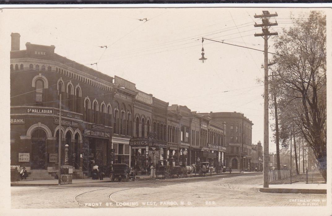 1909 RPPC Broadway So. from 1st Ave North Fargo North Dakota ND Street Cars LOOK