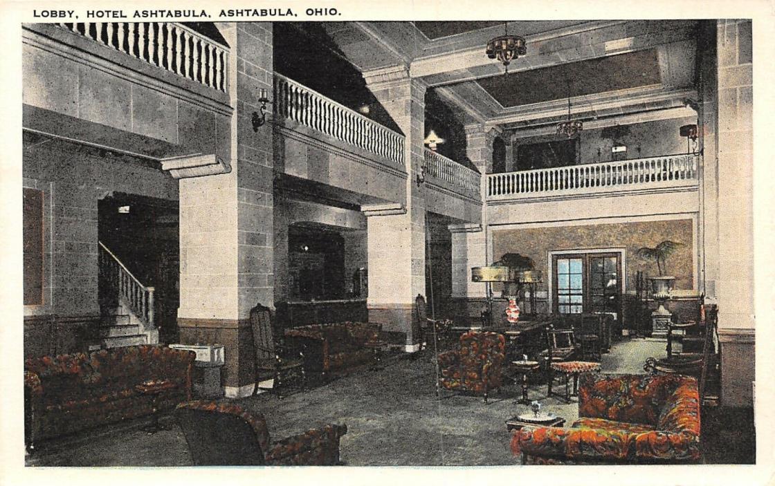 Hotel Ashtabula OH~Cigarette Ash Tray Stands in Lobby~Country Club Golf 1920s PC
