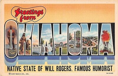 Large Letter postcard Greetings from Oklahoma Native State Will Rogers Humorist