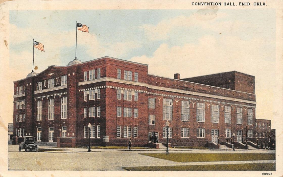 Enid Oklahoma~Convention Hall~Men Going in Side Doors~1920s Postcard