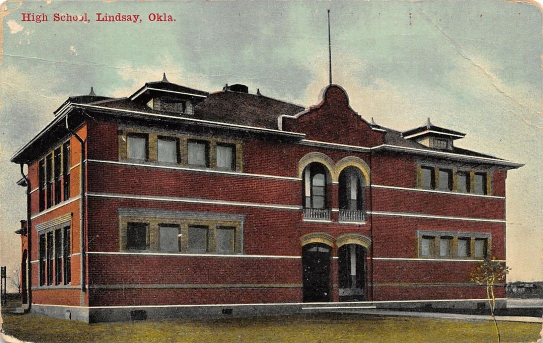 Lindsay Oklahoma~Red Brick High school~1912 Postcard