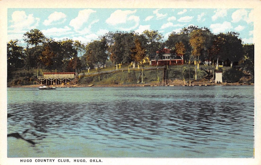 Hugo Oklahoma~Hugo Country Club Waterfront View~Beach & Boats~1916 Postcard