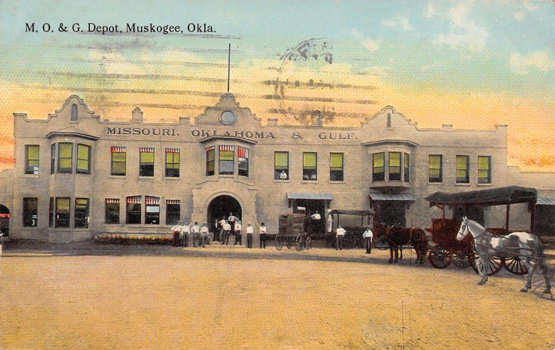 Muskogee OK~MO&G Missouri Oklahoma & Gulf Railroad Depot~Horse Wagons~1913 PC