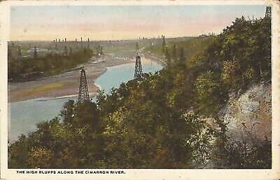 Cimarron River, OKLAHOMA - High Bluffs - 1924 - oil derricks, oil wells