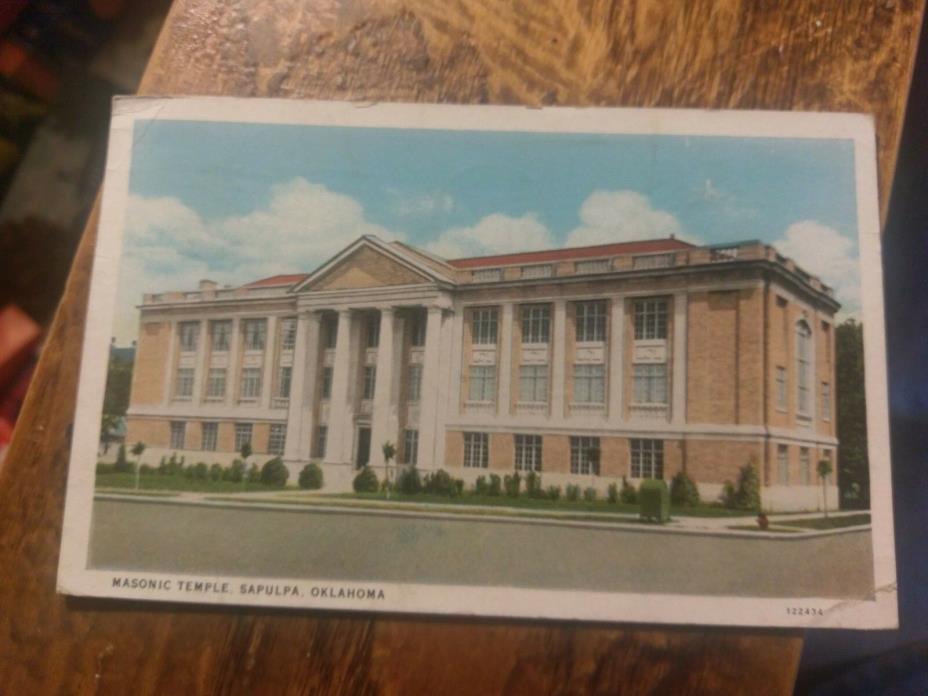Masonic Temple Sapulpa, Oklahoma  White Border Postcard   Posted  1936