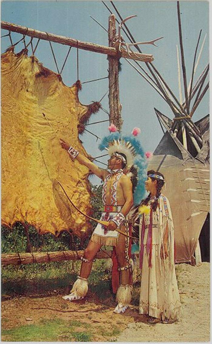 c1950s Dixon Palmer & daughter Linda with Buffalo hide Oklahoma OK postcard view