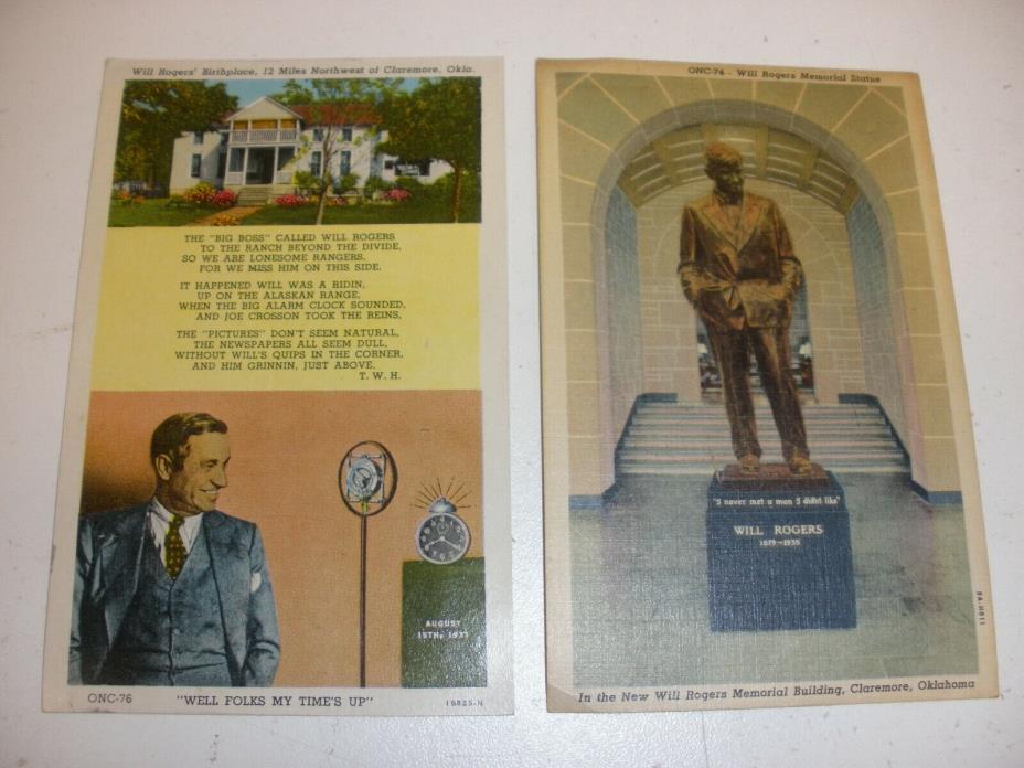 Two Vintage Postcards of Will Rogers Birthplace and Memorial