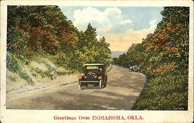 Greetings from INDIAHOMA Oklahoma OK antique cars mailed 1928