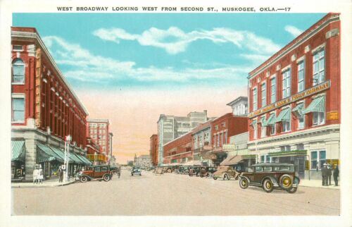Oklahoma, OK, Muskogee, West Broadway Looking West 1920's Postcard