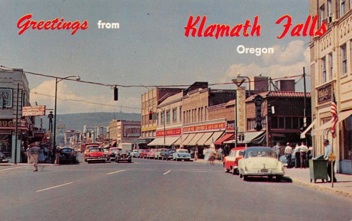 Klamath Falls Oregon~Main Street~Corner Drug~Woolworths~1950s Cars~Station Wagon