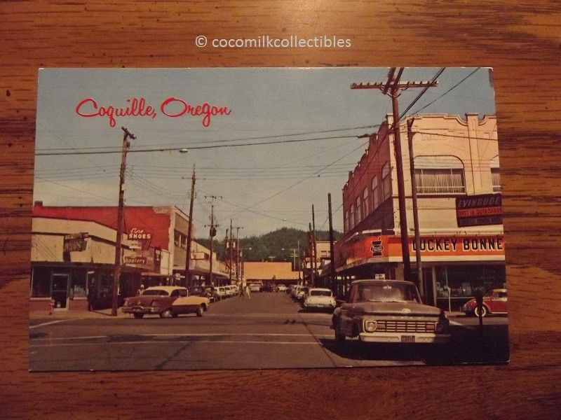 1970 Postcard Coquille Or Oregon Street 1963 Ford Pickup Truck 1956 Oldsmobile