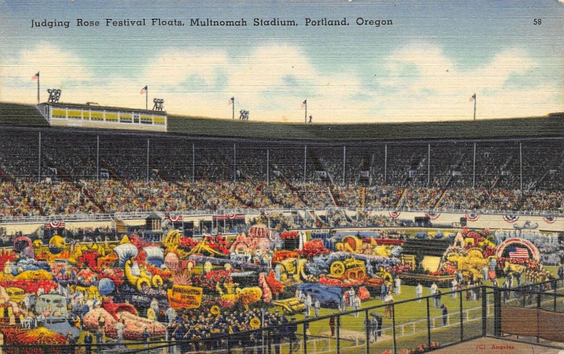Portland Oregon~Multnomah Stadium Crowd Judges Rose Festival Floats~c1950 Linen