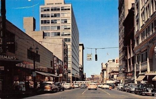 Portland Oregon~6th Avenue~One Way---> Drug Store~Looking North~1950s Postcard