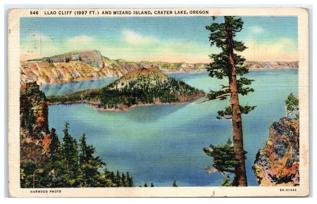 LLAO CLIFF AND WIZARD ISLAND CRATER LAKE OR 1936 LINEN RPPC POSTCARD 8G
