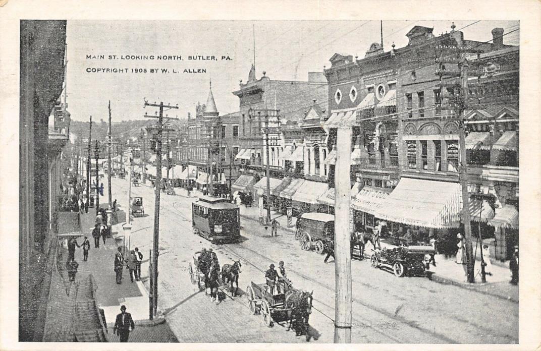 Butler Pennsylvania~Main Street North~Dry Goods Store~Confectionery~Trolley~1908