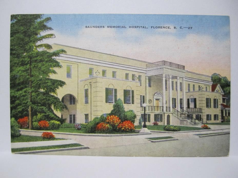 SAUNDERS MEMORIAL HOSPITAL POSTCARD FLORENCE SC SOUTH CAROLINA 1930s