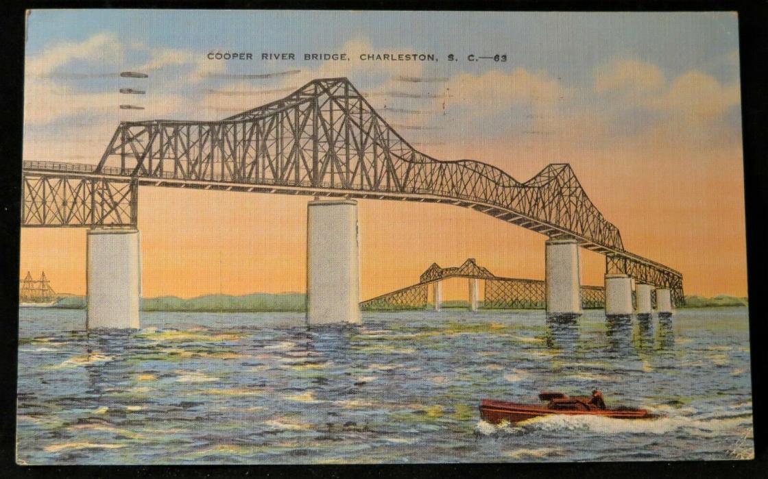 Cooper River Bridge Charleston SC Vintage Linen Postcard 1938 VG