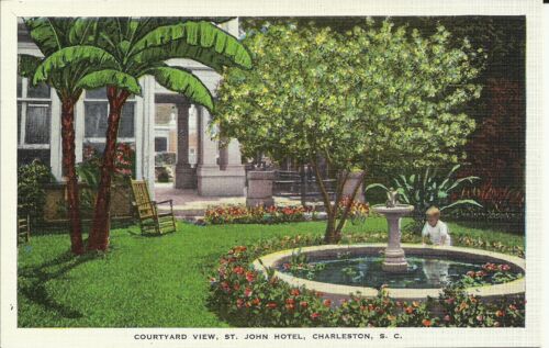 OLD VINTAGE COURTYARD VIEW AT ST. JOHN HOTEL IN CHARLESTON SC LINEN POSTCARD