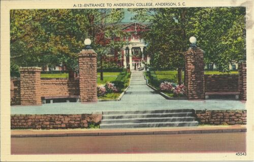 OLD VINTAGE ENTRANCE TO ANDERSON COLLEGE SOUTH CAROLINA LINEN POSTCARD