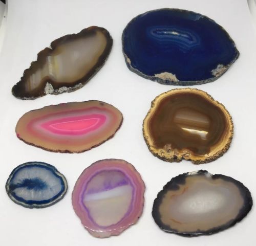 Lot of 7 Polished Slices Of Geode Rocks Blue, Pink, Brown Varying Sizes WOW!