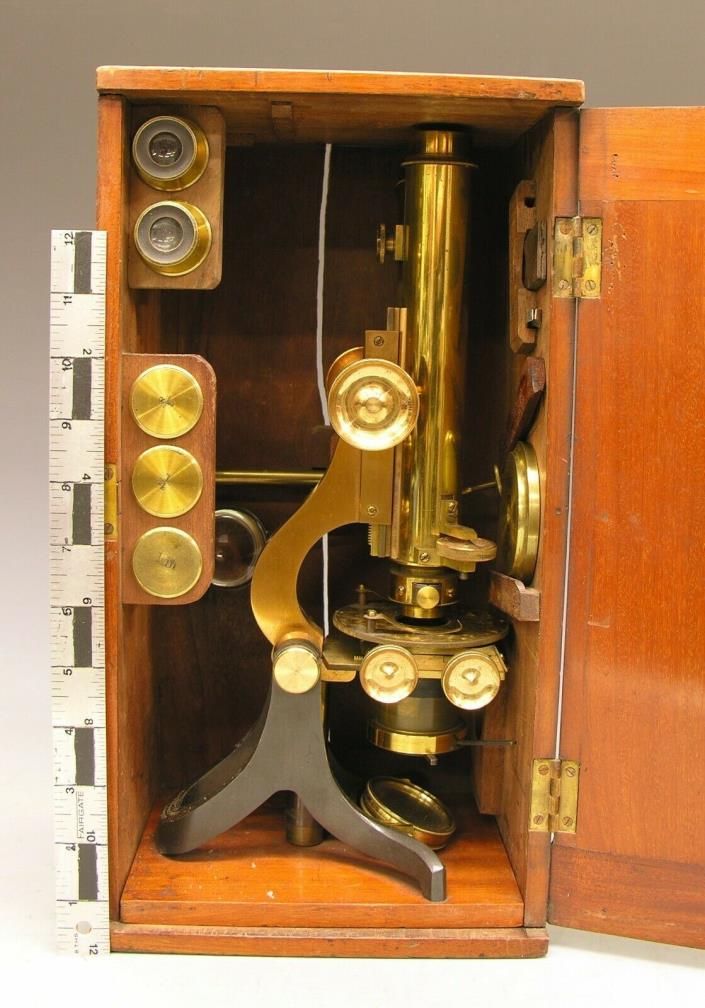 ~ Beautiful Victorian Binocular Microscope Complete w/ Case & Accessories ~