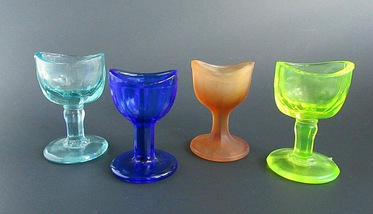 4 Lot Vintage Glass Eye Wash Cups 8 Panel Blue, Green, Yellow, Rust - VGC!