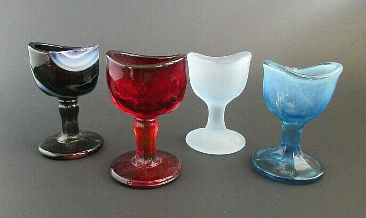 4 Lot Vintage Glass Eye Wash Cups 8 Panel Swirl, Blue, Red, Frosted - VGC!